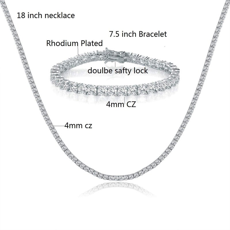 MDFUN Tennis Necklace Bracelet Jewelry Sets 18K White Gold Plated 4mm Round Cubic Zirconia Bracelet and Necklace Sets for Women and Men (18 inch & 7.5 inch) - Image 2